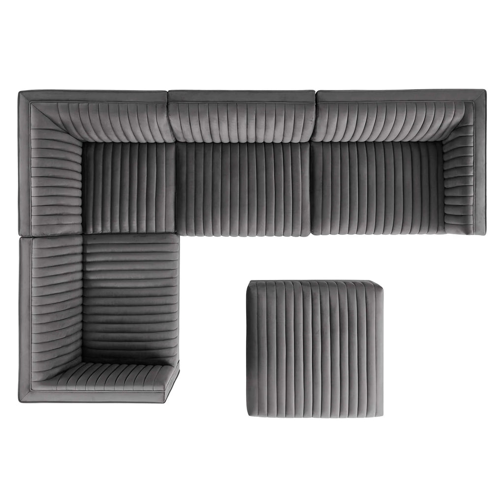 Sanguine 5-Piece Channel Tufted Performance Velvet Left-Facing Modular Sectional Sofa in Gray