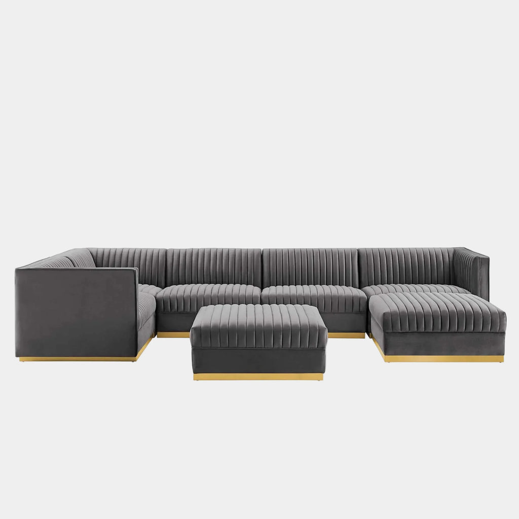 Sanguine 7-Piece Channel Tufted Performance Velvet Left-Facing Modular Sectional Sofa in Gray