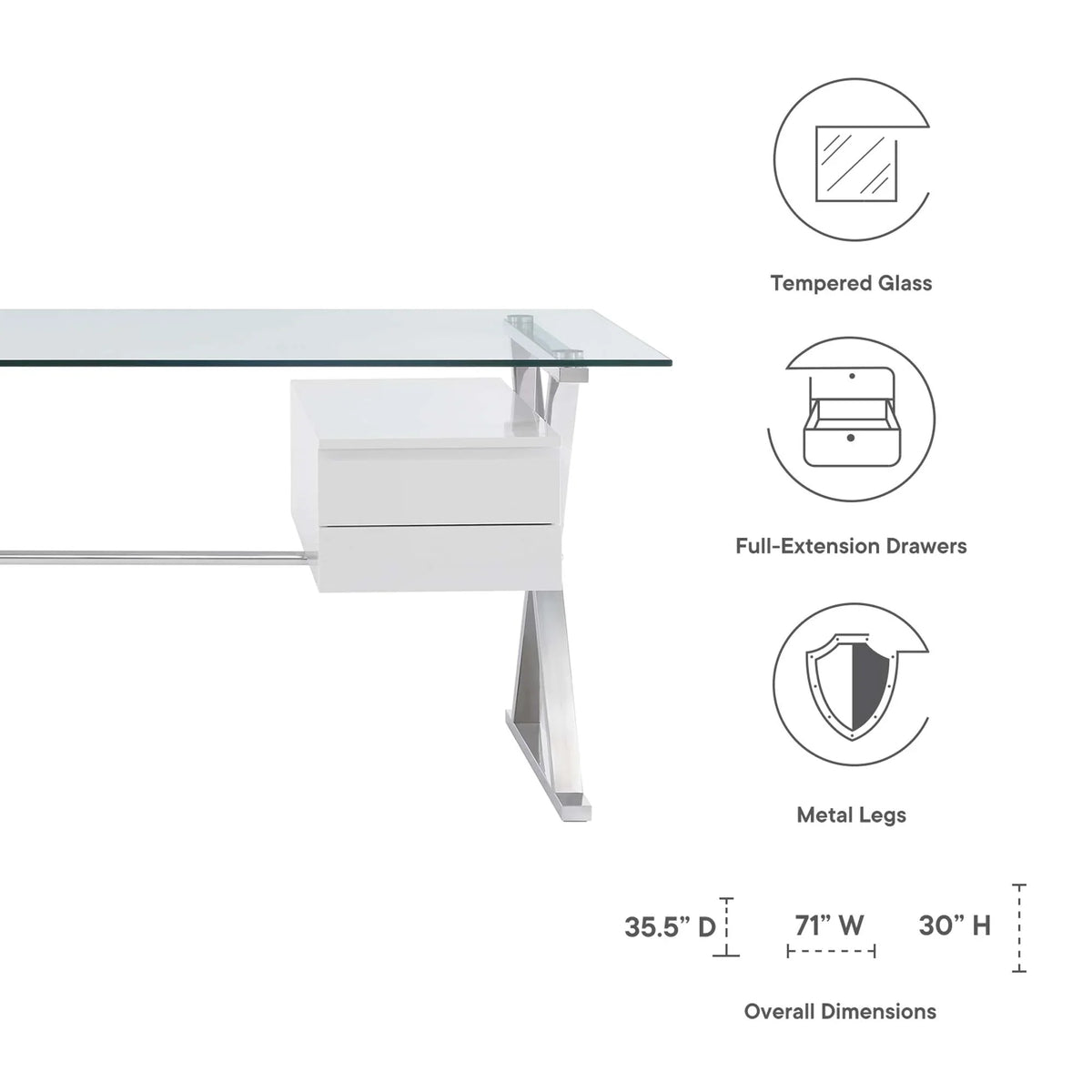 Sector 71" Glass Top Glass Office Desk in White