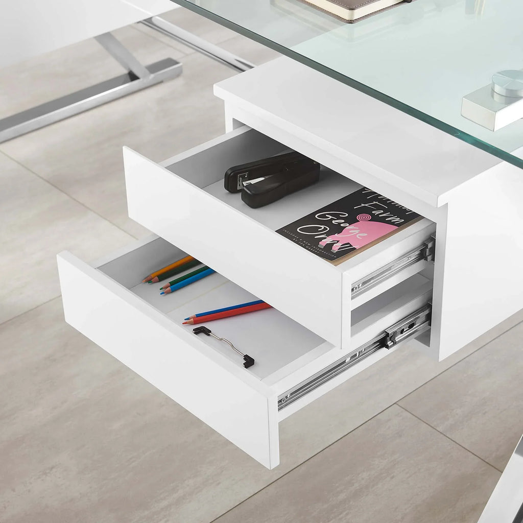 Sector 71" Glass Top Glass Office Desk in White