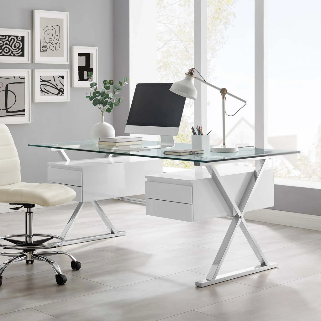 Sector 71" Glass Top Glass Office Desk in White