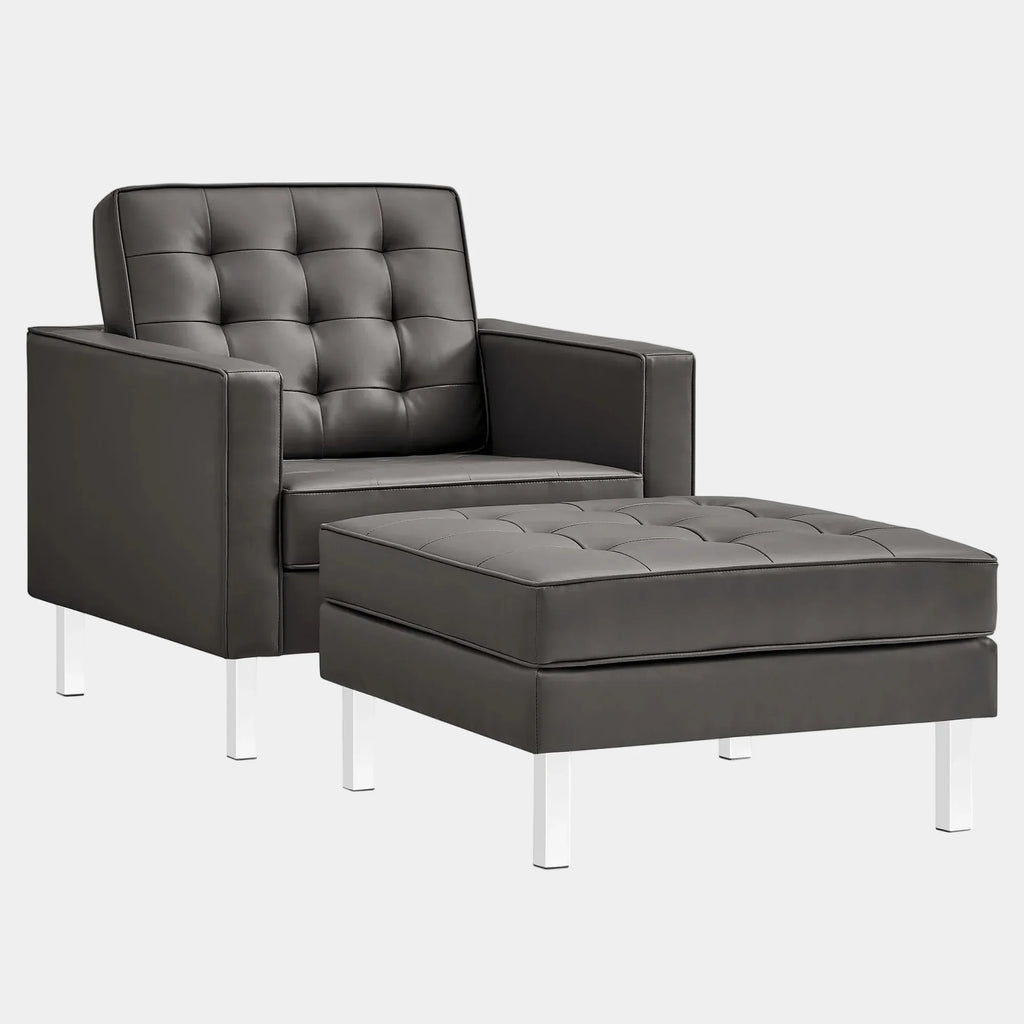Loft Tufted Vegan Leather Armchair and Ottoman Set in Silver Gray