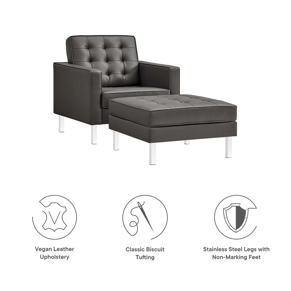 Loft Tufted Vegan Leather Armchair and Ottoman Set in Silver Gray