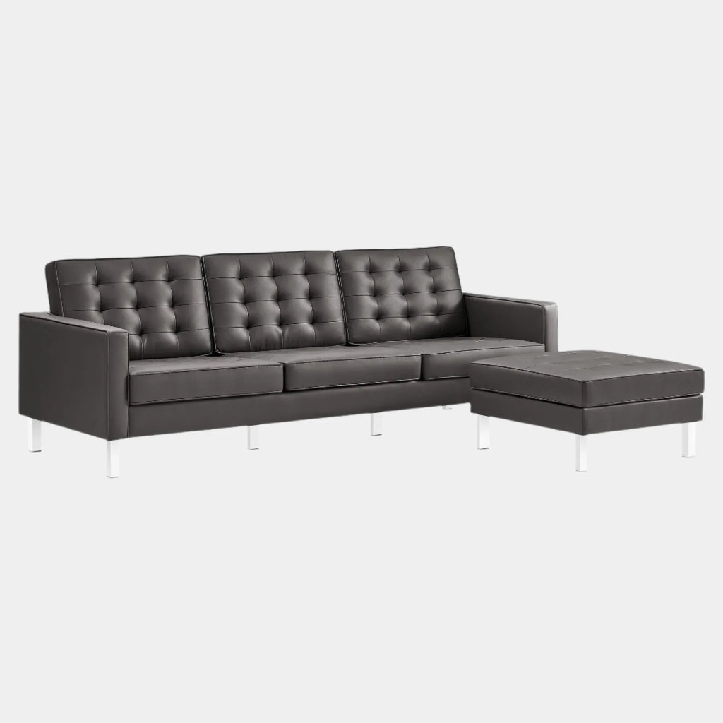 Loft Tufted Vegan Leather Sofa and Ottoman Set in Silver Gray