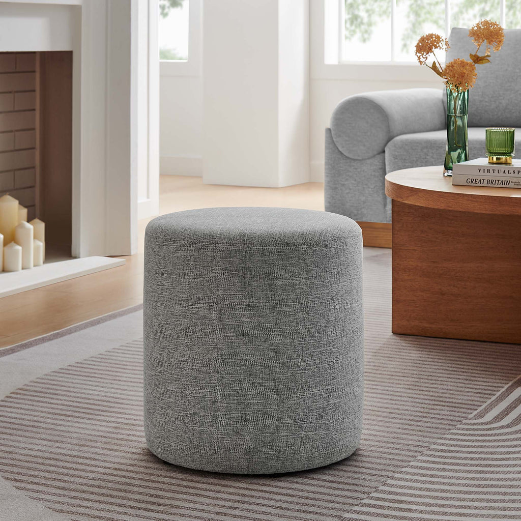 Callum 16" Round Woven Heathered Fabric Upholstered Ottoman in Heathered Weave