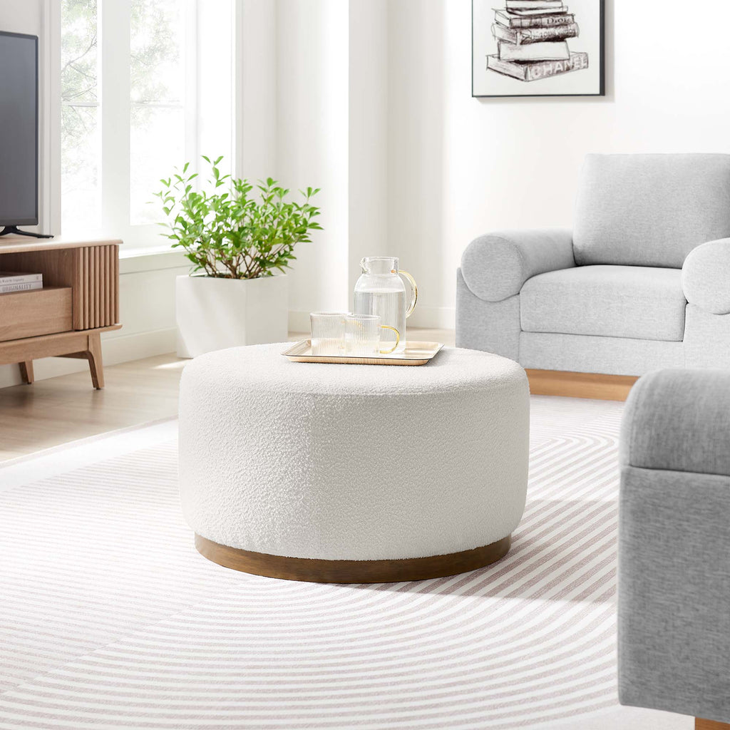 Tilden Large 29" Round Boucle Upholstered Ottoman in Cloud Walnut