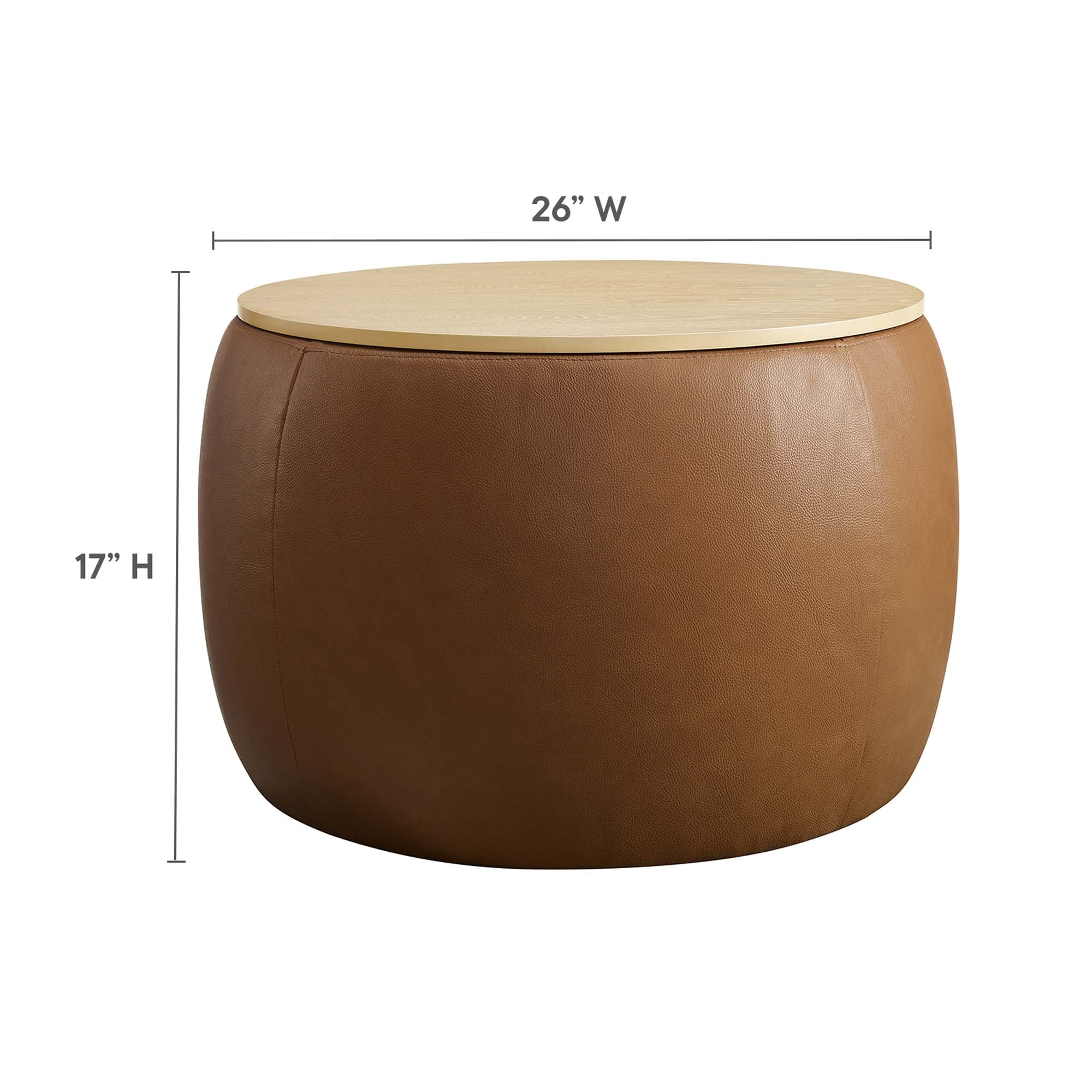 Perla Round Vegan Leather Storage Ottoman in Tan