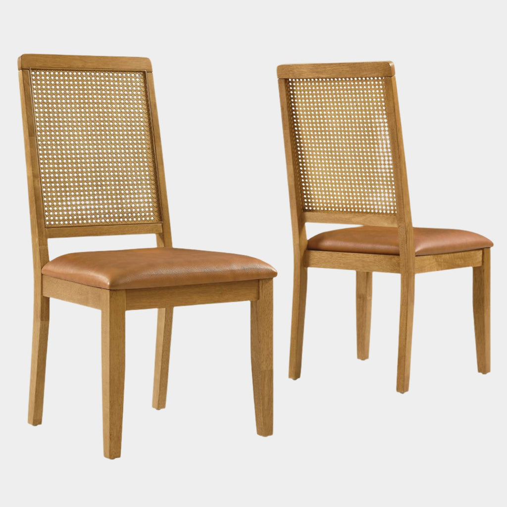 Arlo Vegan Leather Upholstered Faux Rattan and Wood Dining Side Chairs Set of 2