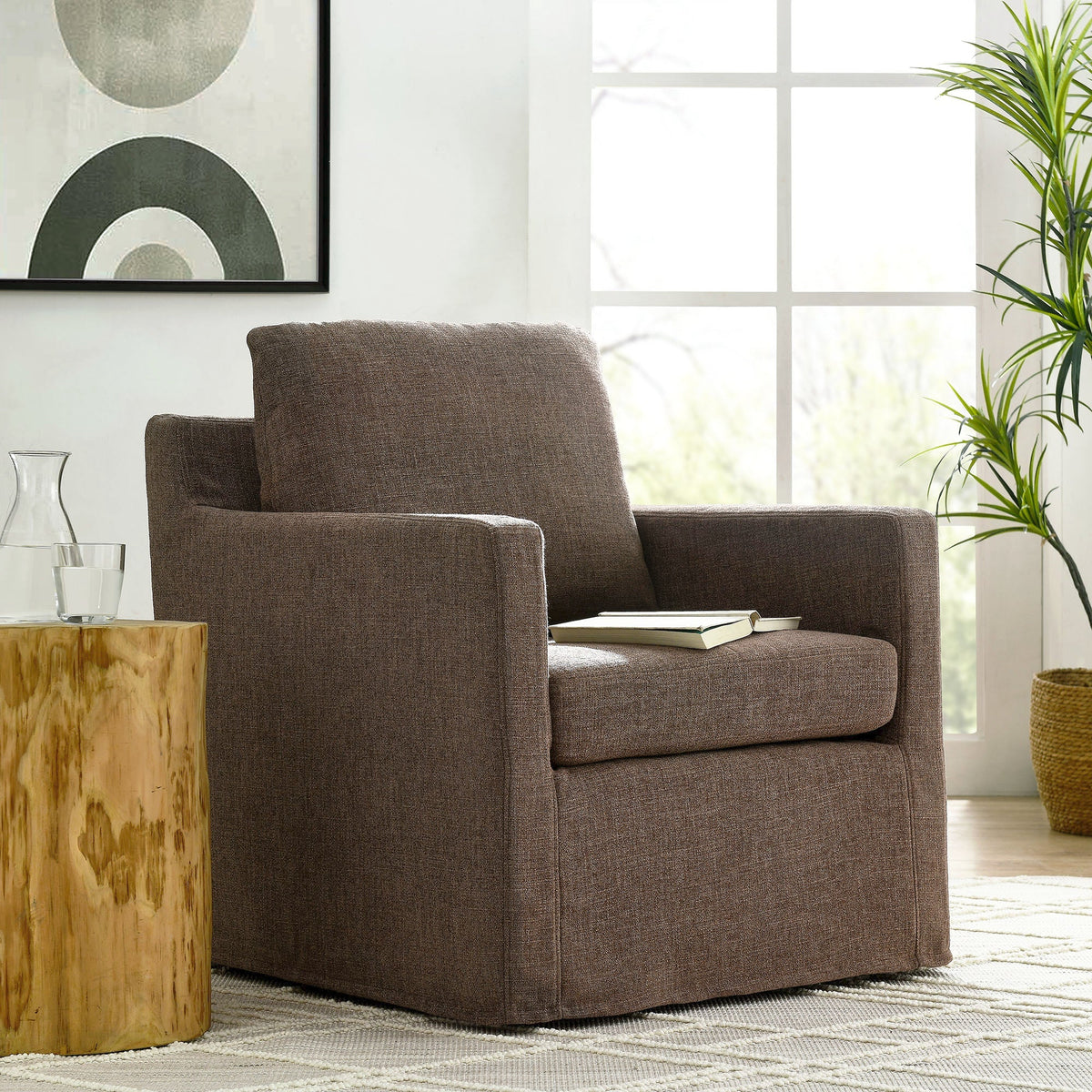 Serene Fabric Slipcovered Swivel Armchair