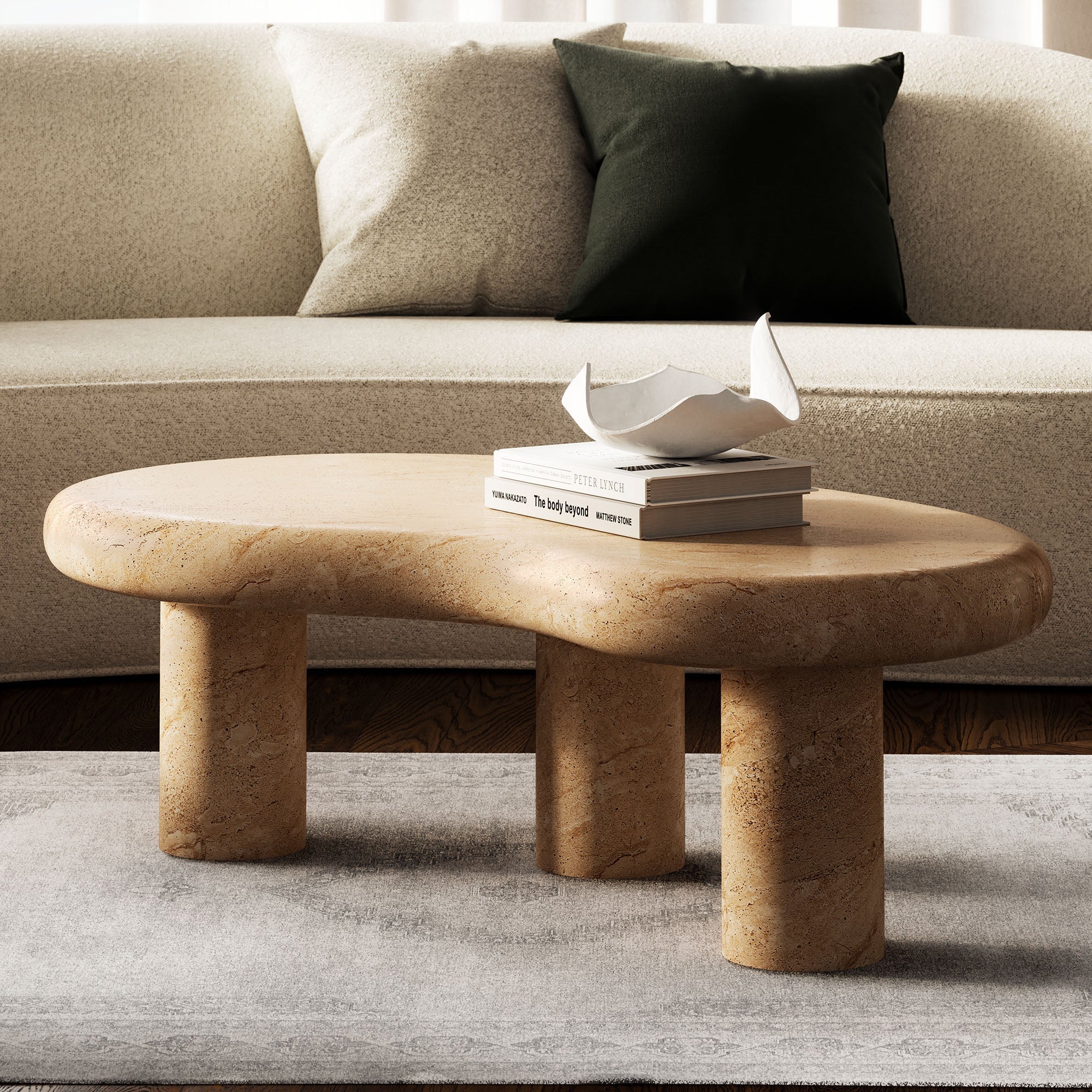 Elowen Indoor - Outdoor Textured Faux Travertine Coffee Table