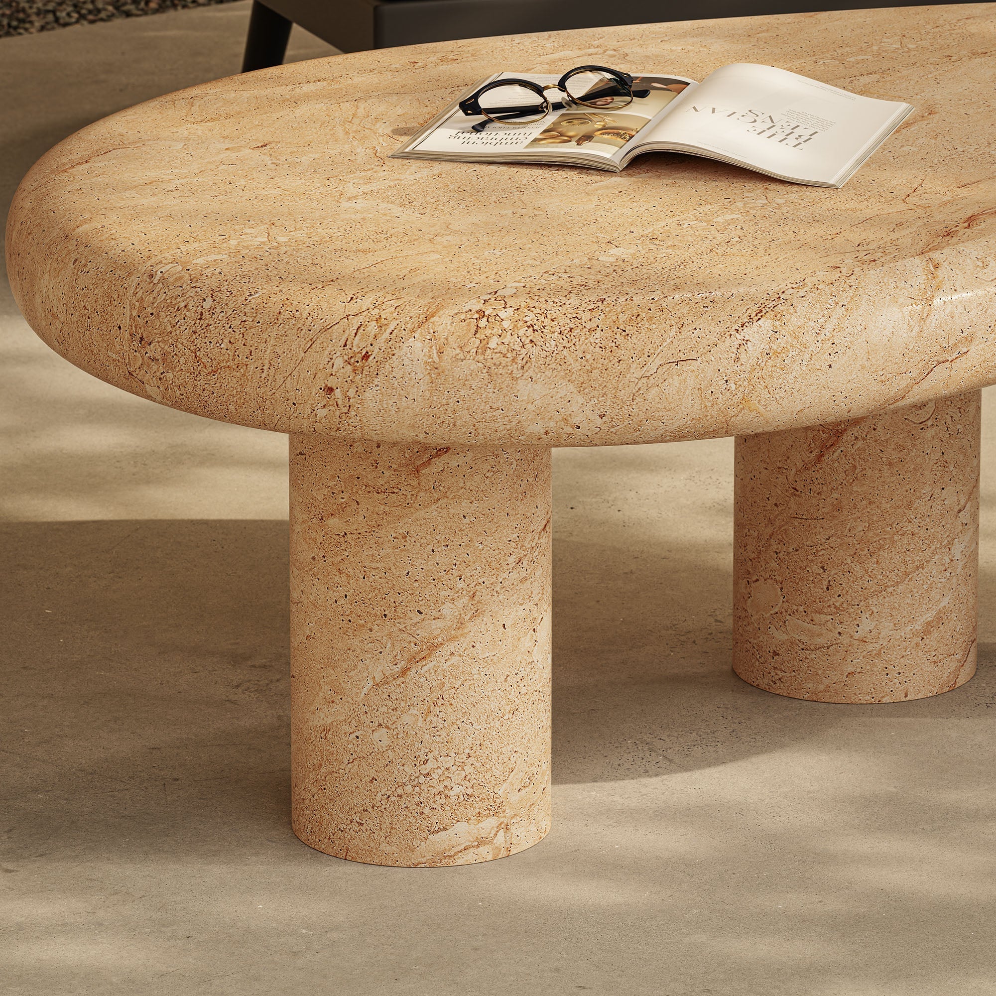 Elowen Indoor - Outdoor Textured Faux Travertine Coffee Table