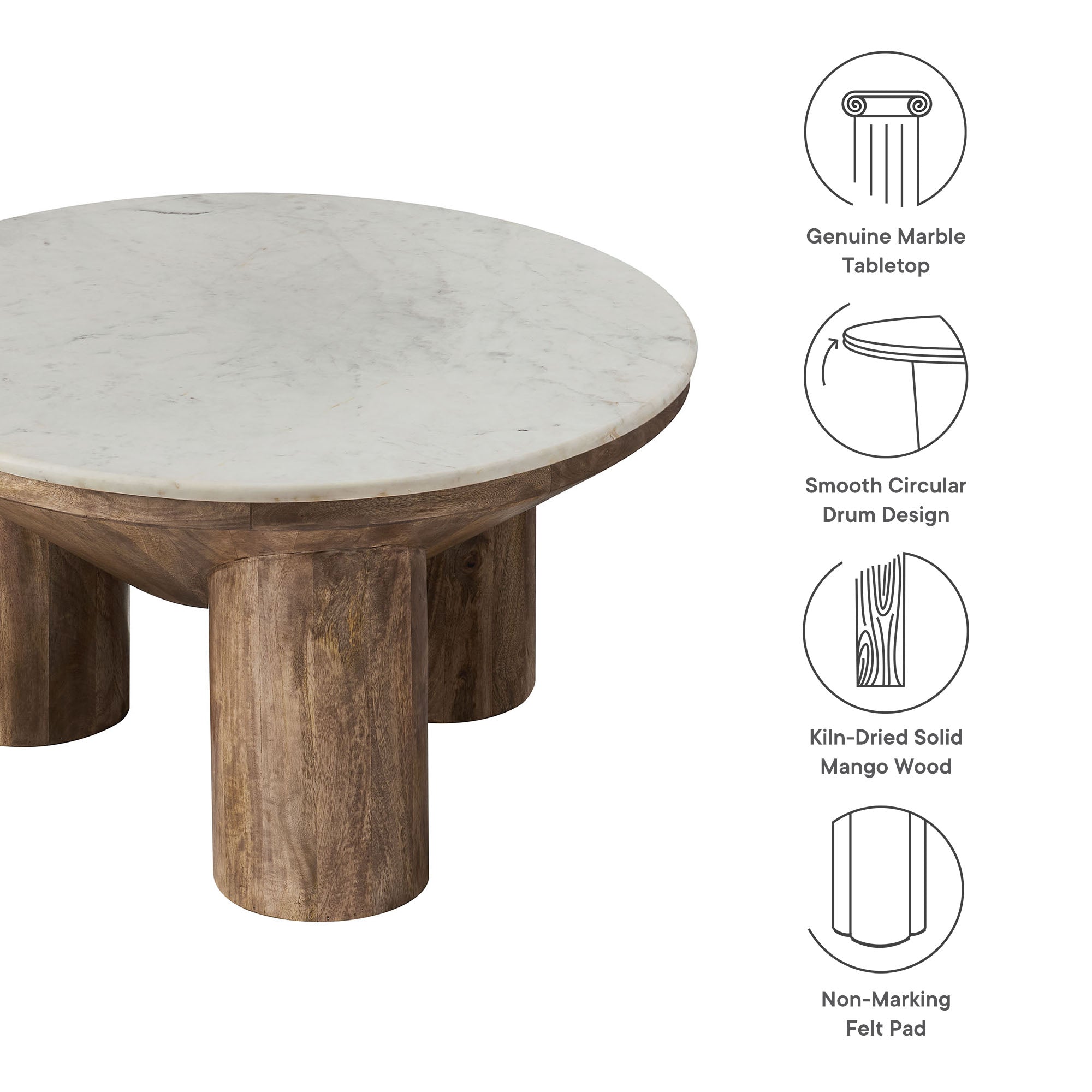 Ellison 33" Round Wood Coffee Table With Marble Top in Walnut