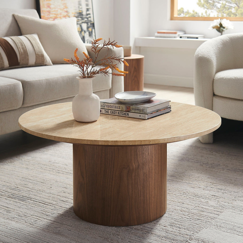 Kioni Round Travertine Coffee Table in Walnut
