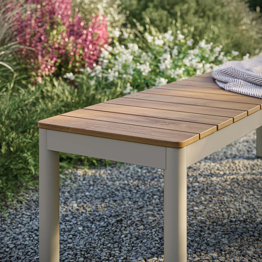 Finn Outdoor Patio Aluminum Bench with Faux Wood Top Set of 2 in Natural