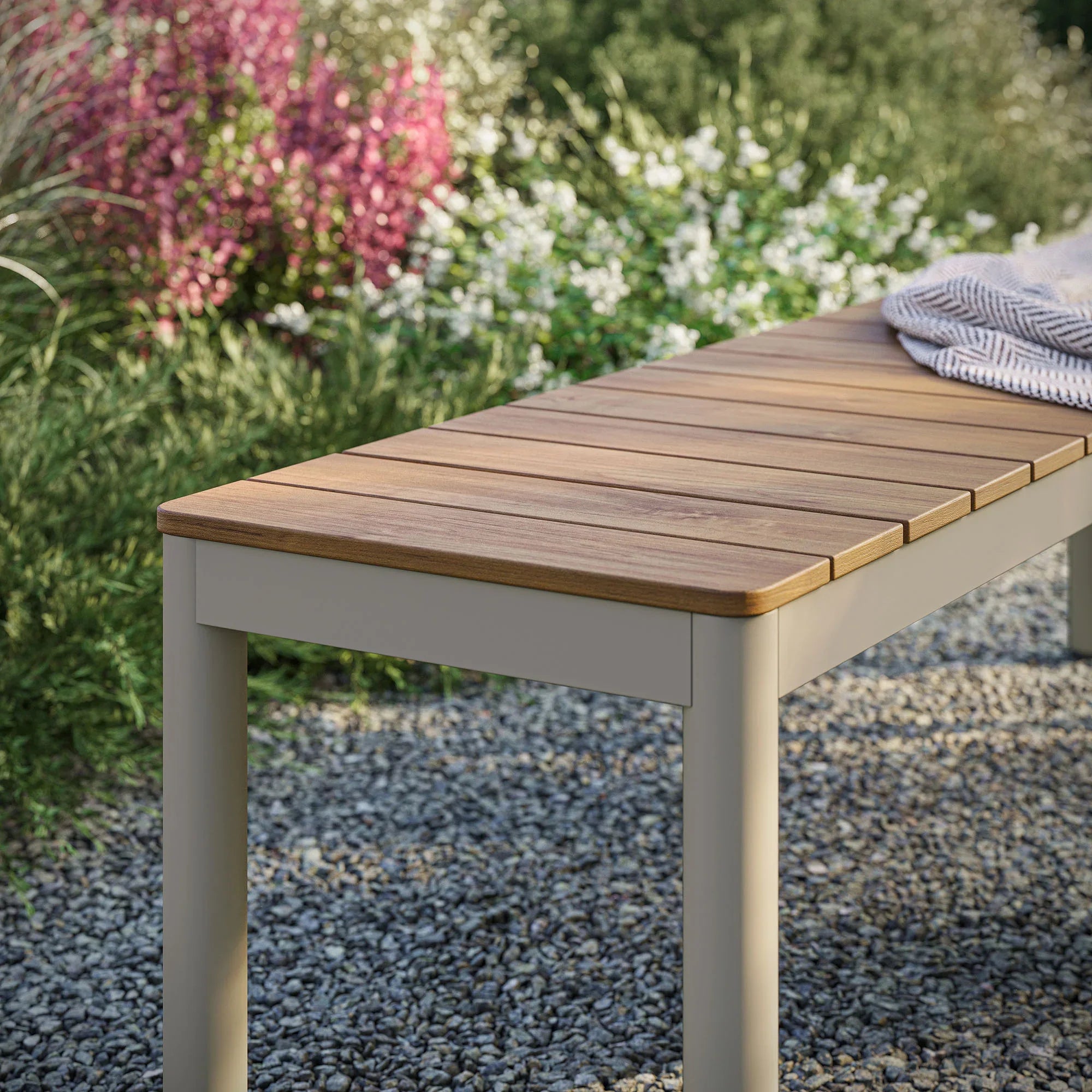 Finn Outdoor Patio Aluminum Bench with Faux Wood Top Set of 2 in Natural