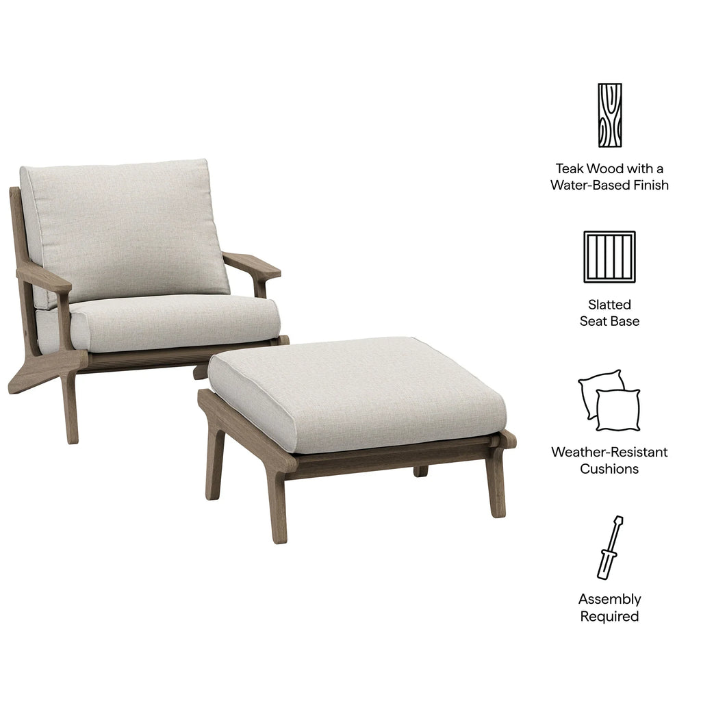 Saratoga Outdoor Patio Teak Wood Chair and Ottoman Set in Weathered