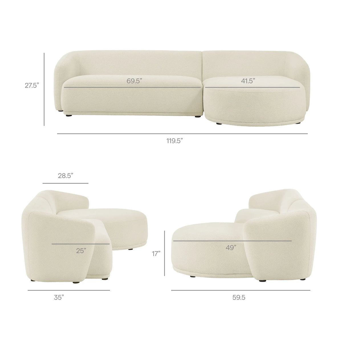 Monica 2 Piece Right Facing Boucle Fabric Modular Sofa with Chaise