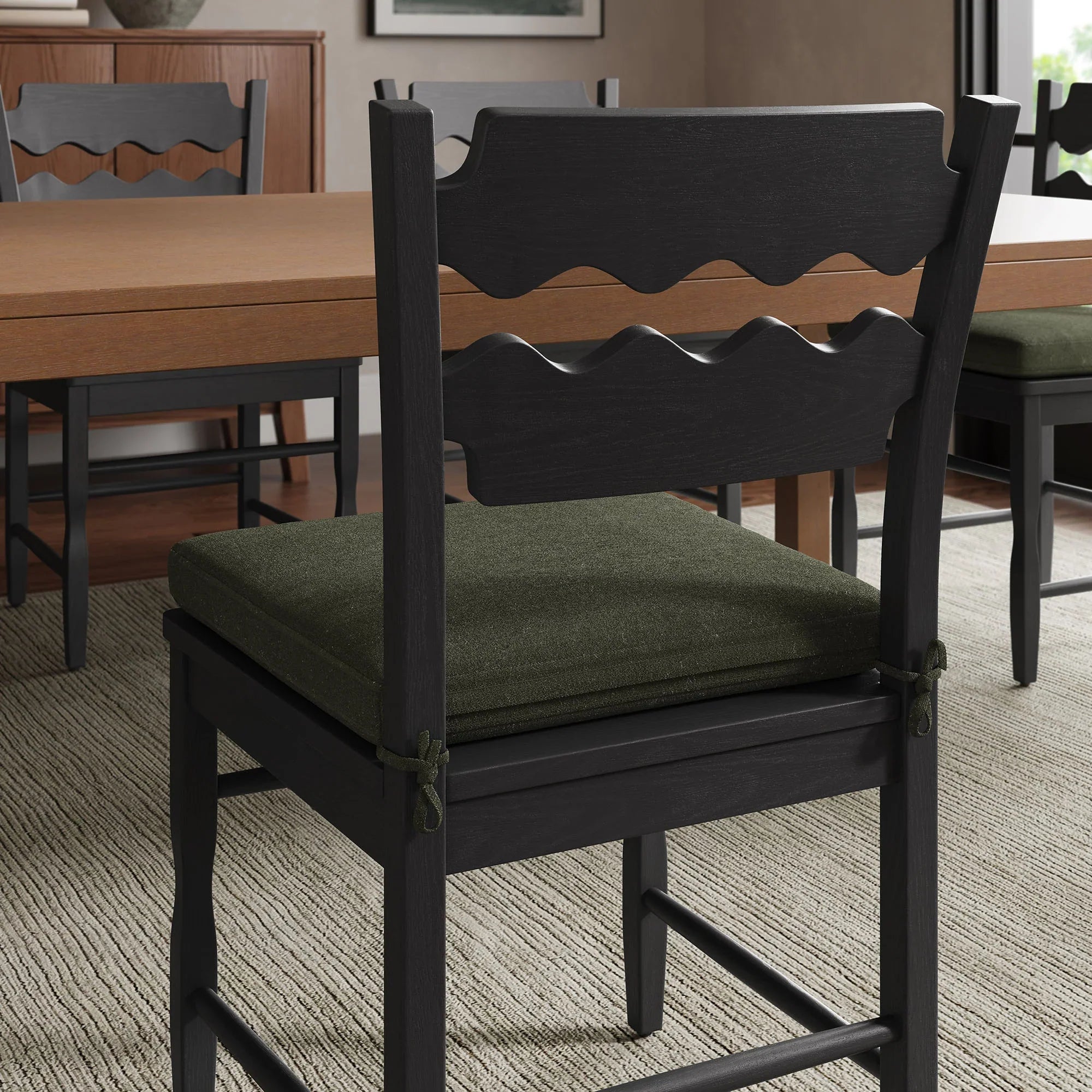 Jax Oak Wood Dining Chair With Wavy Razor Back and Cushion Set of 2