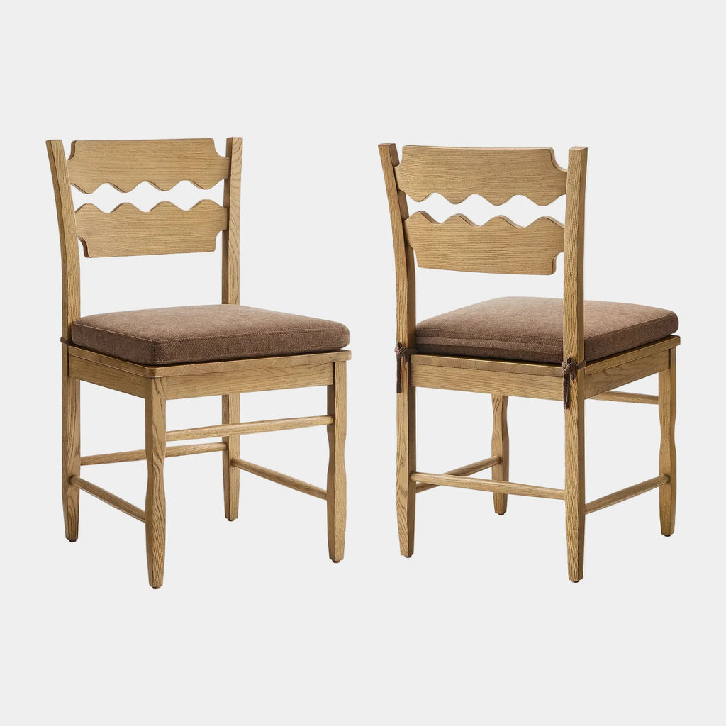 Jax Oak Wood Dining Chair With Wavy Razor Back and Cushion Set of 2
