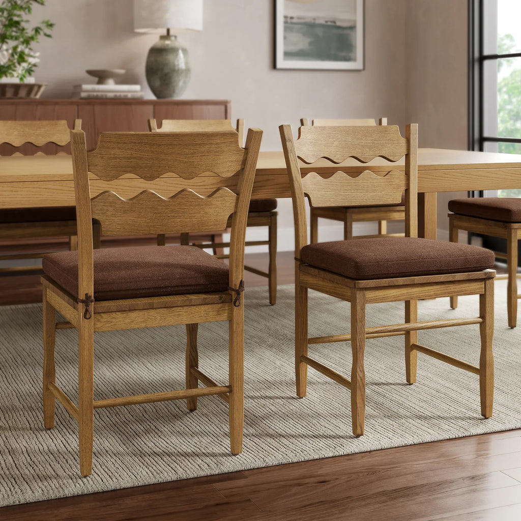 Jax Oak Wood Dining Chair With Wavy Razor Back and Cushion Set of 2