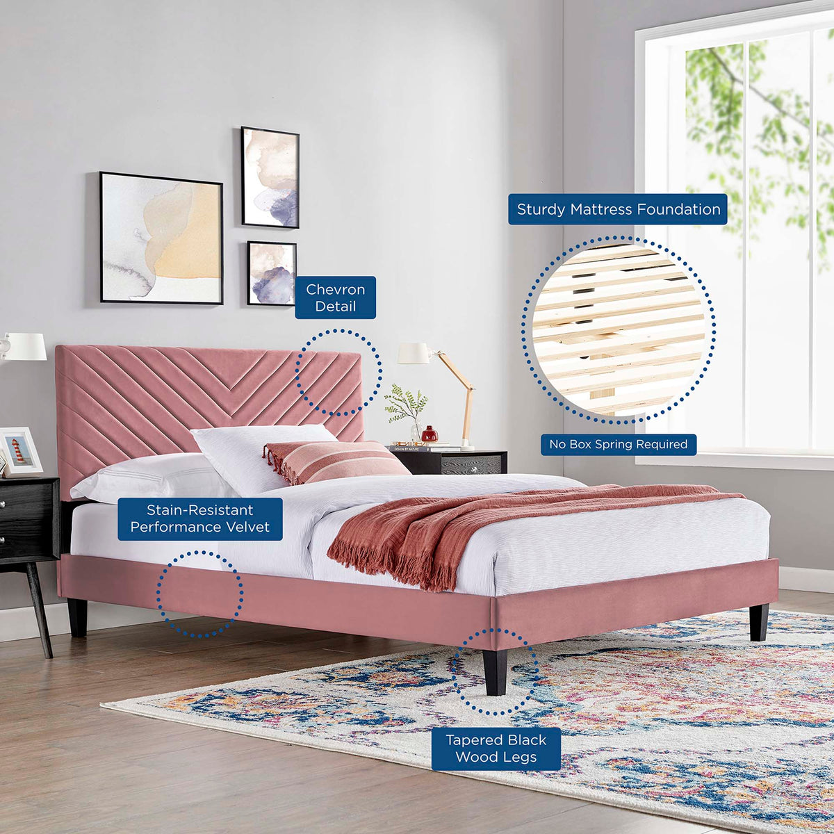 Roxanne Performance Velvet Platform Bed With Black Wood Legs