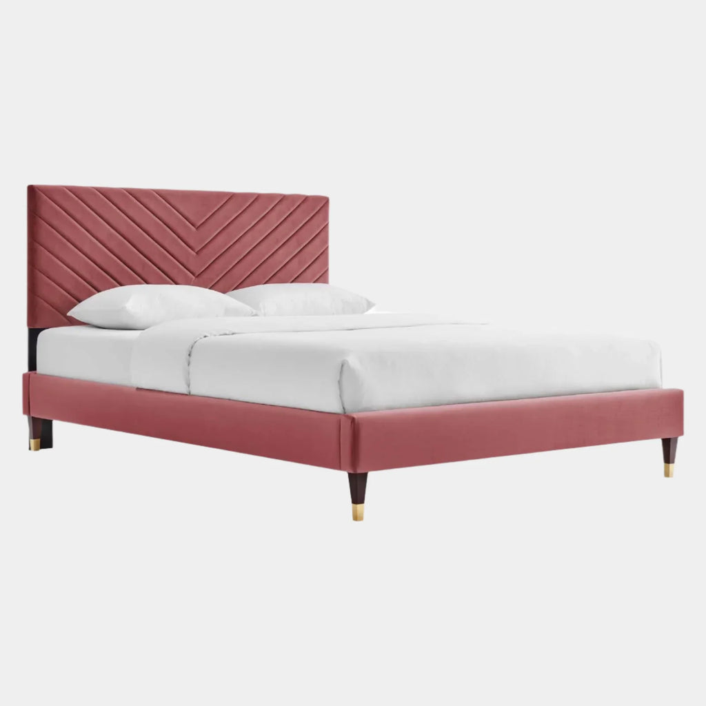 Roxanne Performance Velvet Platform Bed With Wood and Gold Legs