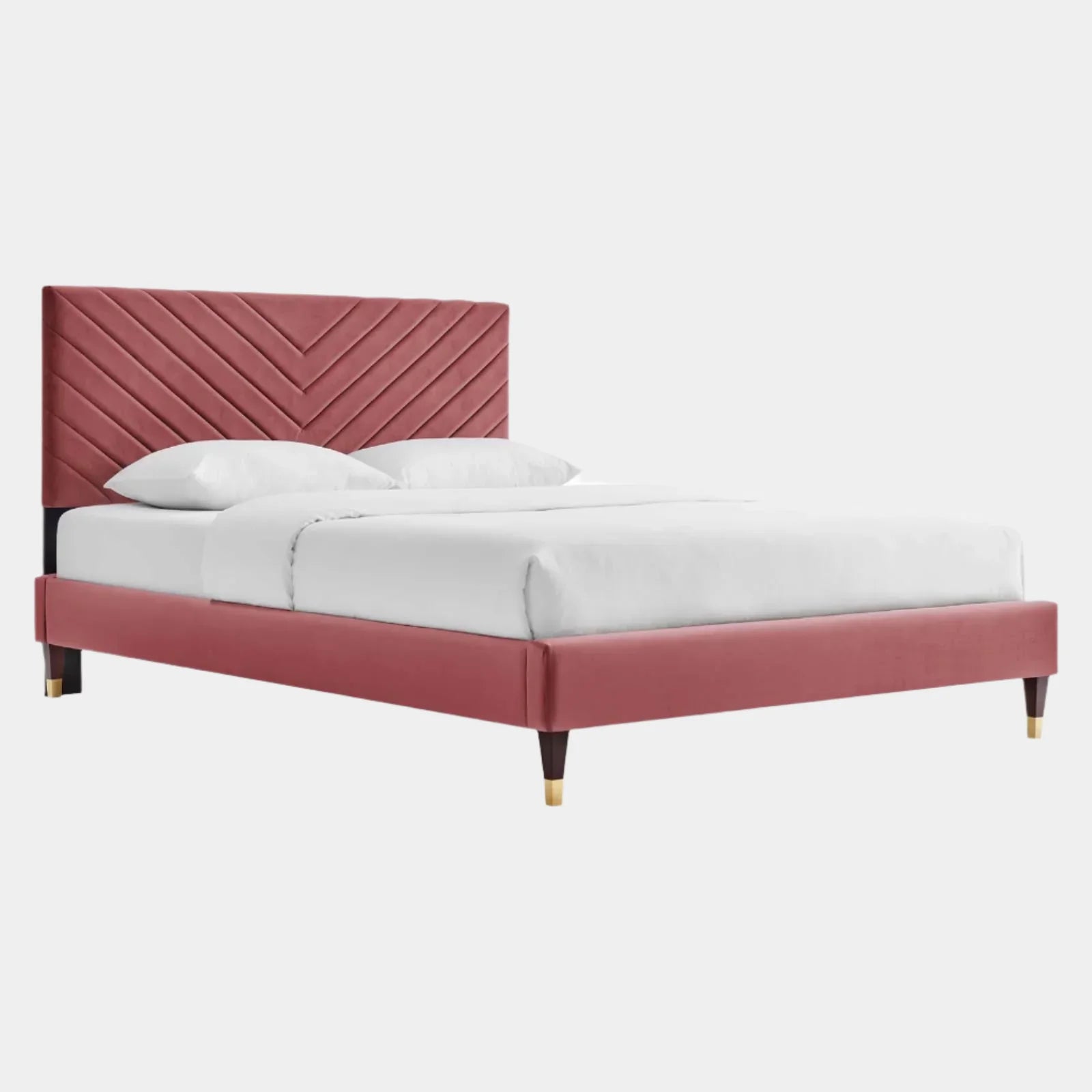 Roxanne Performance Velvet Platform Bed With Wood and Gold Legs