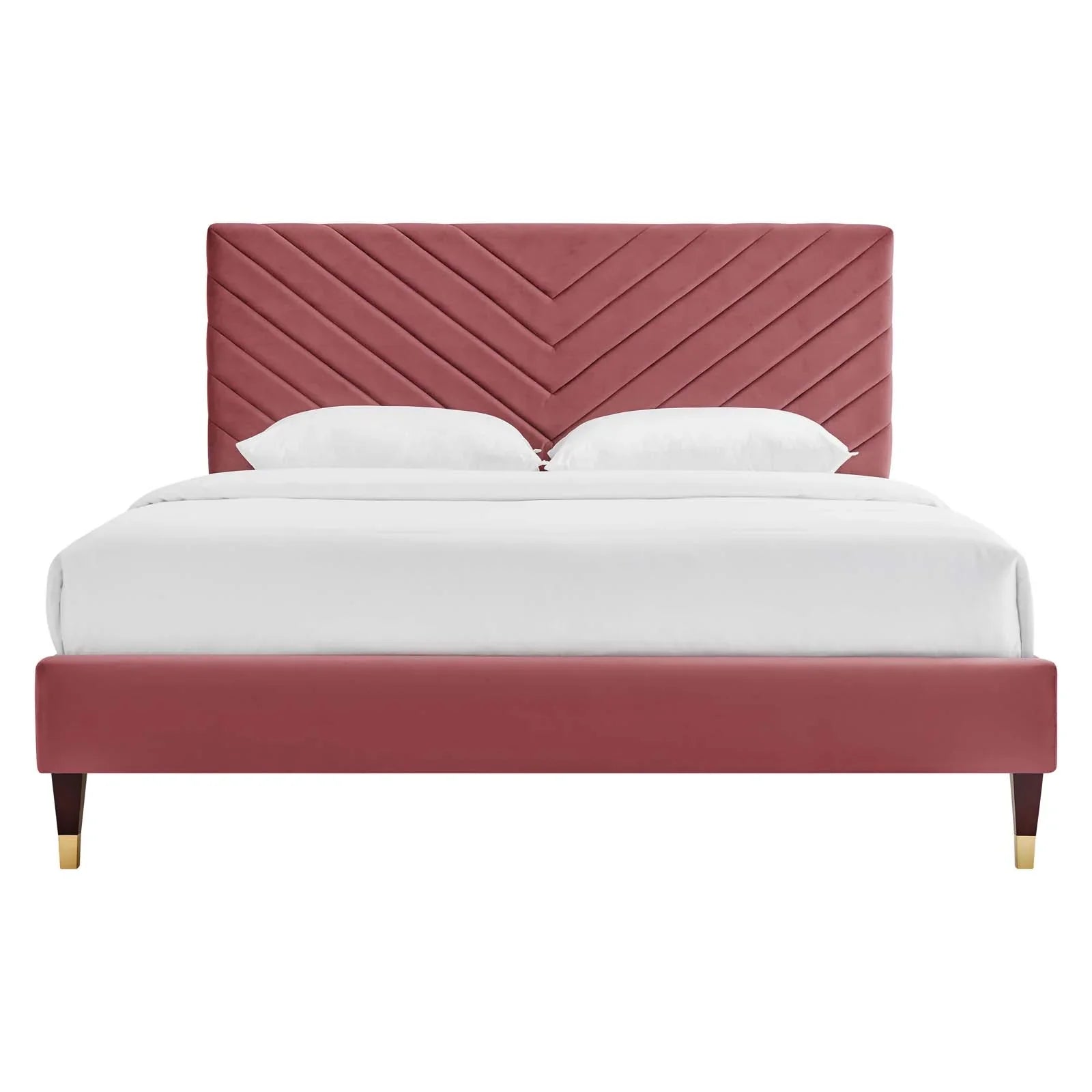 Roxanne Performance Velvet Platform Bed With Wood and Gold Legs
