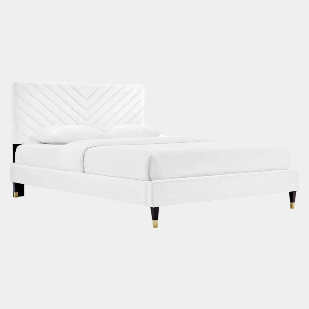 Roxanne Performance Velvet Platform Bed With Wood and Gold Legs