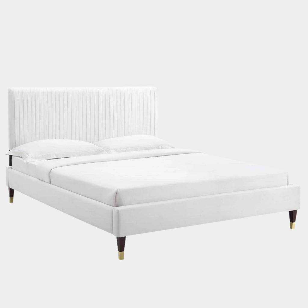 Peyton Performance Velvet Platform Bed With Wood and Gold Legs
