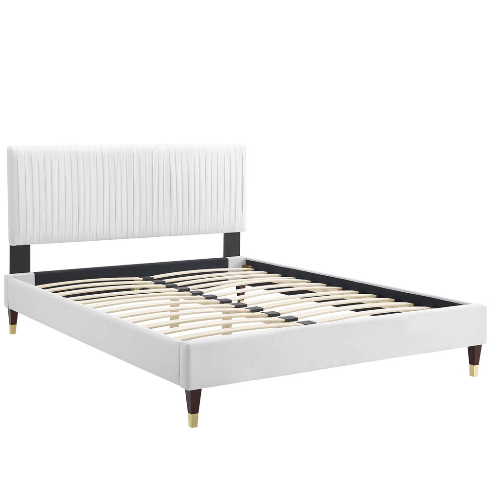 Peyton Performance Velvet Platform Bed With Wood and Gold Legs