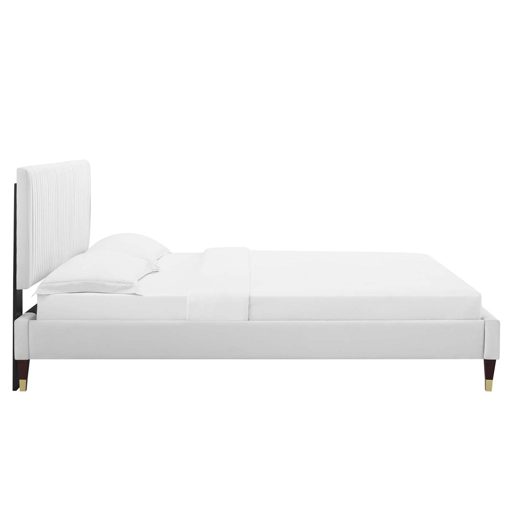Peyton Performance Velvet Platform Bed With Wood and Gold Legs