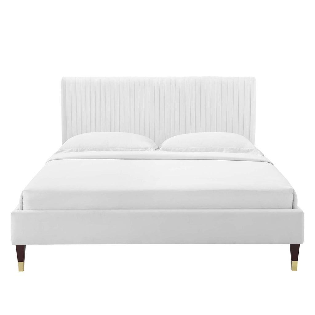 Peyton Performance Velvet Platform Bed With Wood and Gold Legs