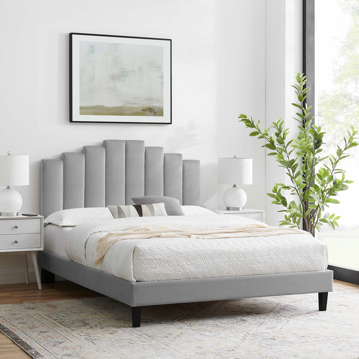 Elise Performance Velvet Platform Bed With Black Wood Legs