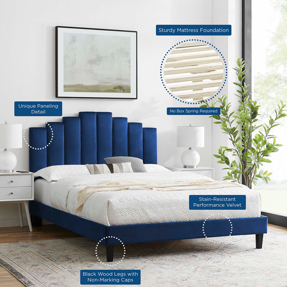 Elise Performance Velvet Platform Bed With Black Wood Legs