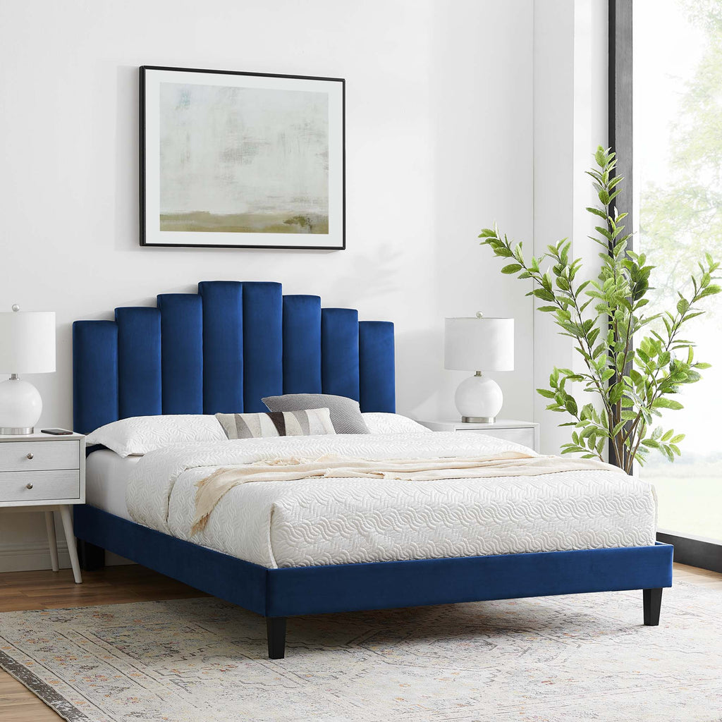 Elise Performance Velvet Platform Bed With Black Wood Legs