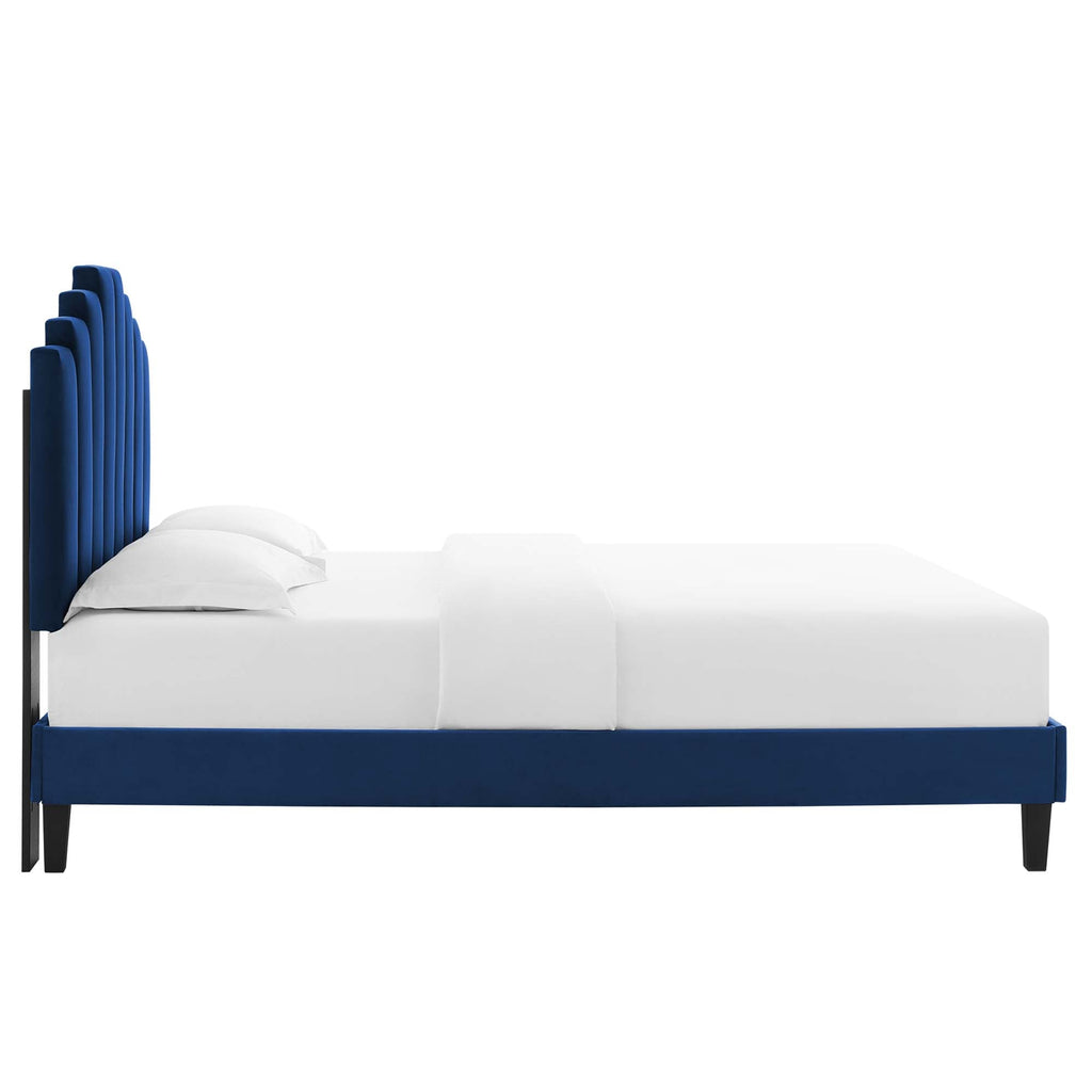 Elise Performance Velvet Platform Bed With Black Wood Legs