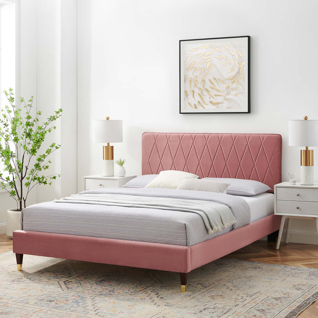 Phillipa Performance Velvet Platform Bed With Wood and Gold Legs