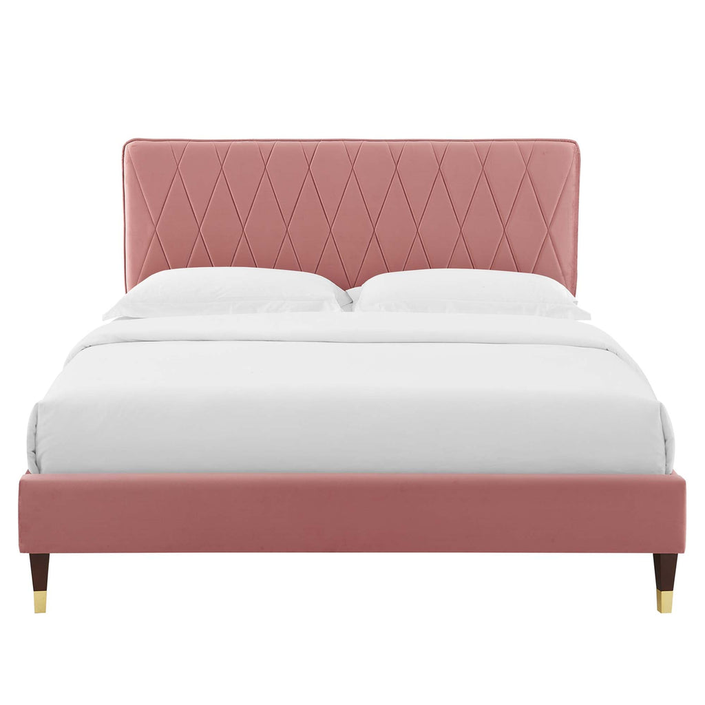 Phillipa Performance Velvet Platform Bed With Wood and Gold Legs