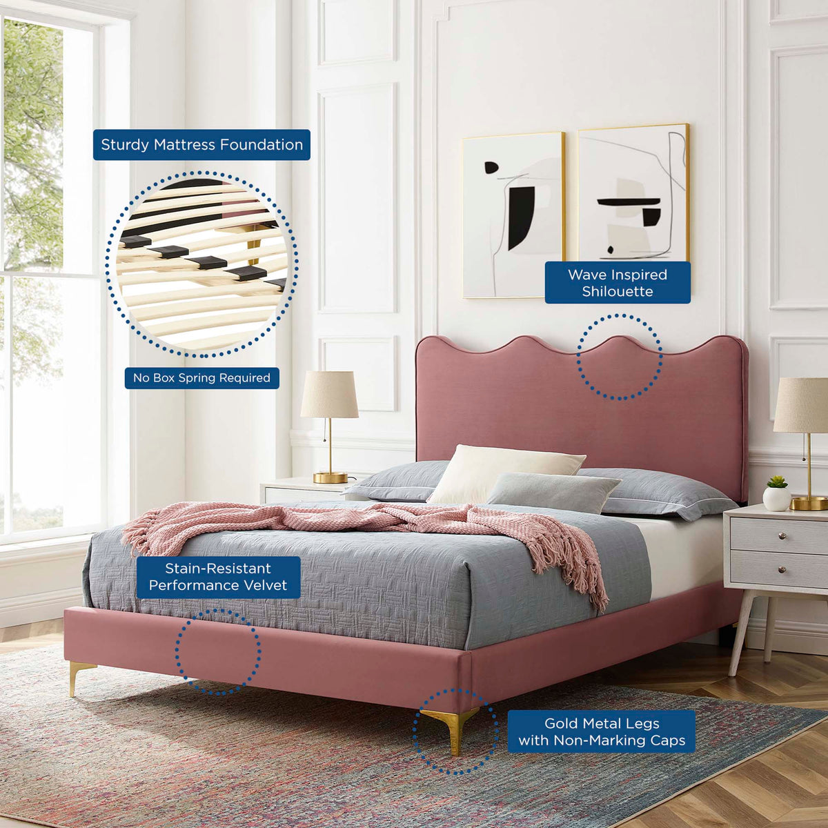Current Performance Velvet Platform Bed With Gold Metal Legs
