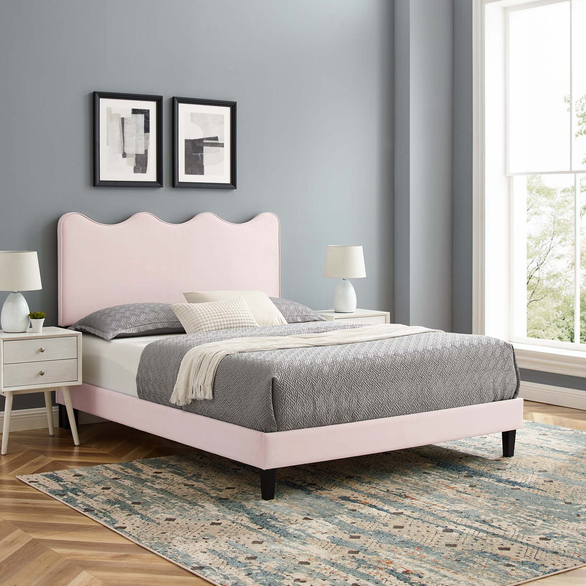Current Performance Velvet Platform Bed With Black Wood Legs