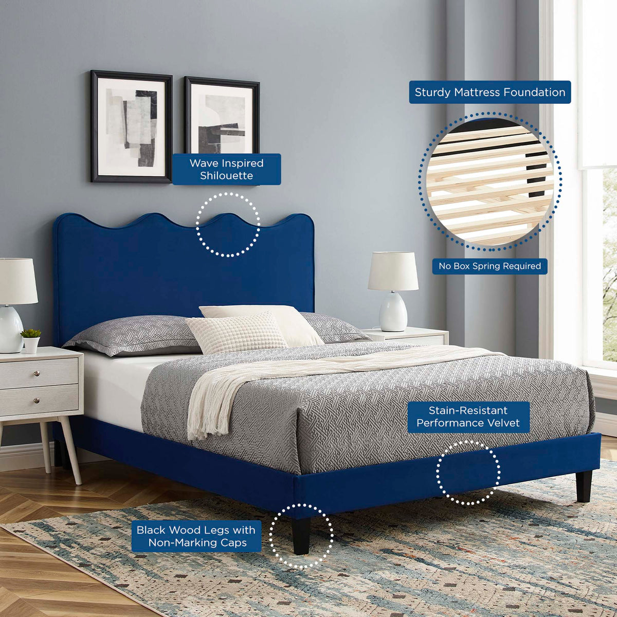 Current Performance Velvet Platform Bed With Black Wood Legs