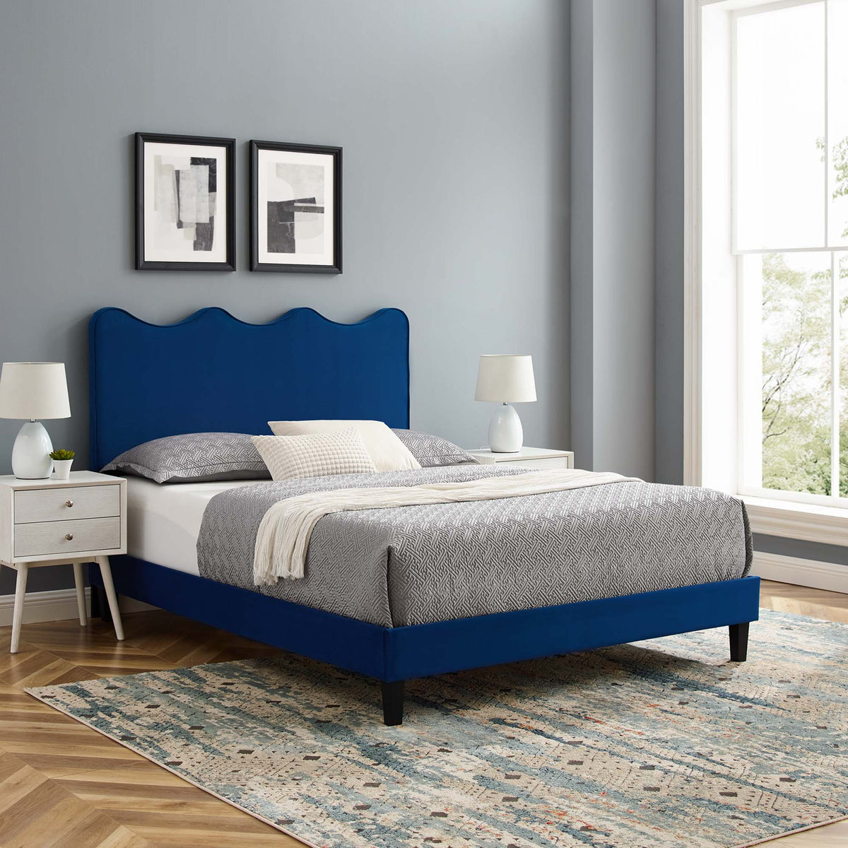 Current Performance Velvet Platform Bed With Black Wood Legs