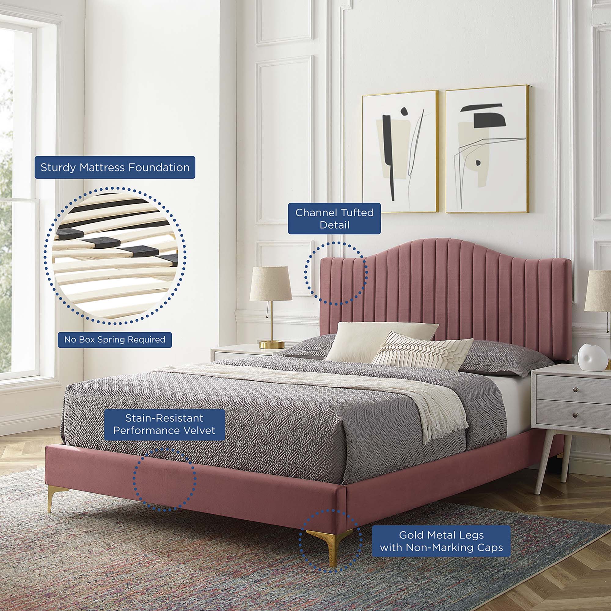 Juniper Channel Tufted Performance Velvet Platform Bed With Gold Metal Legs