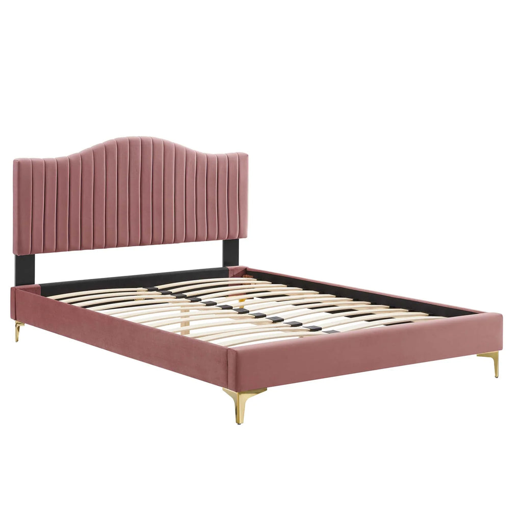 Juniper Channel Tufted Performance Velvet Platform Bed With Gold Metal Legs