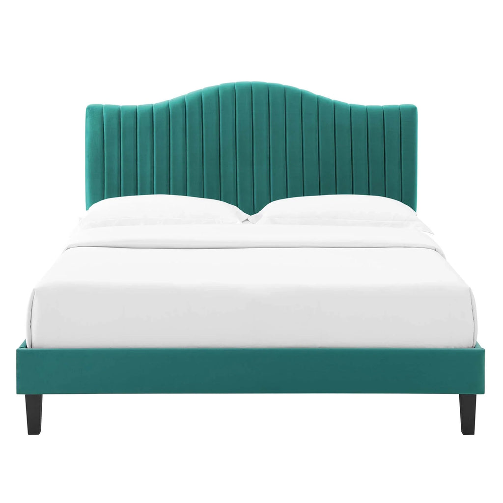 Juniper Channel Tufted Performance Velvet Platform Bed With Black Wood Legs