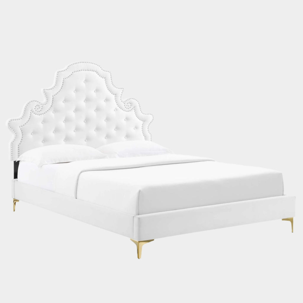 Gwyneth Tufted Performance Velvet Platform Bed With Gold Metal Legs