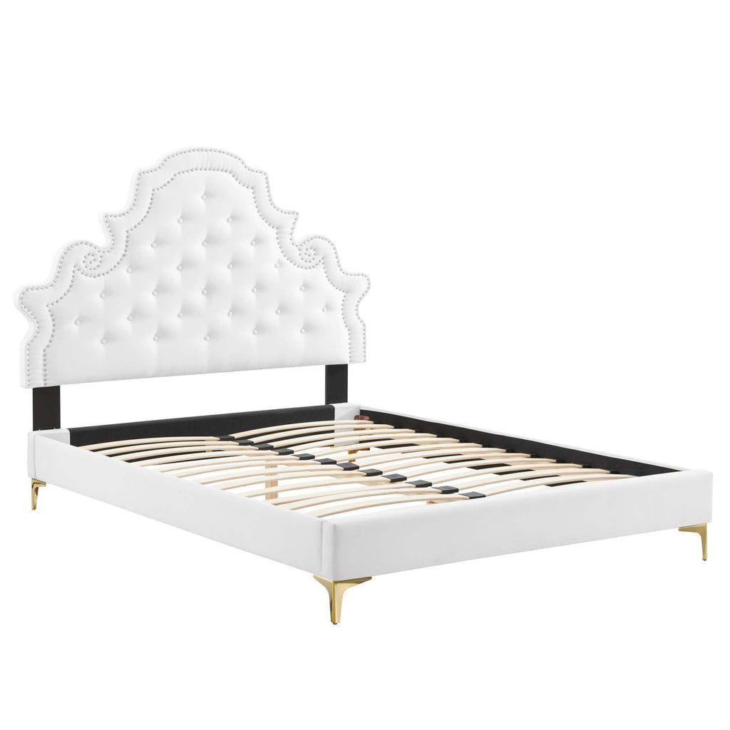 Gwyneth Tufted Performance Velvet Platform Bed With Gold Metal Legs
