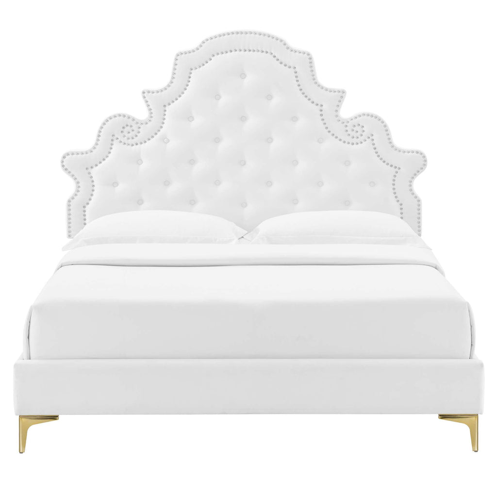 Gwyneth Tufted Performance Velvet Platform Bed With Gold Metal Legs