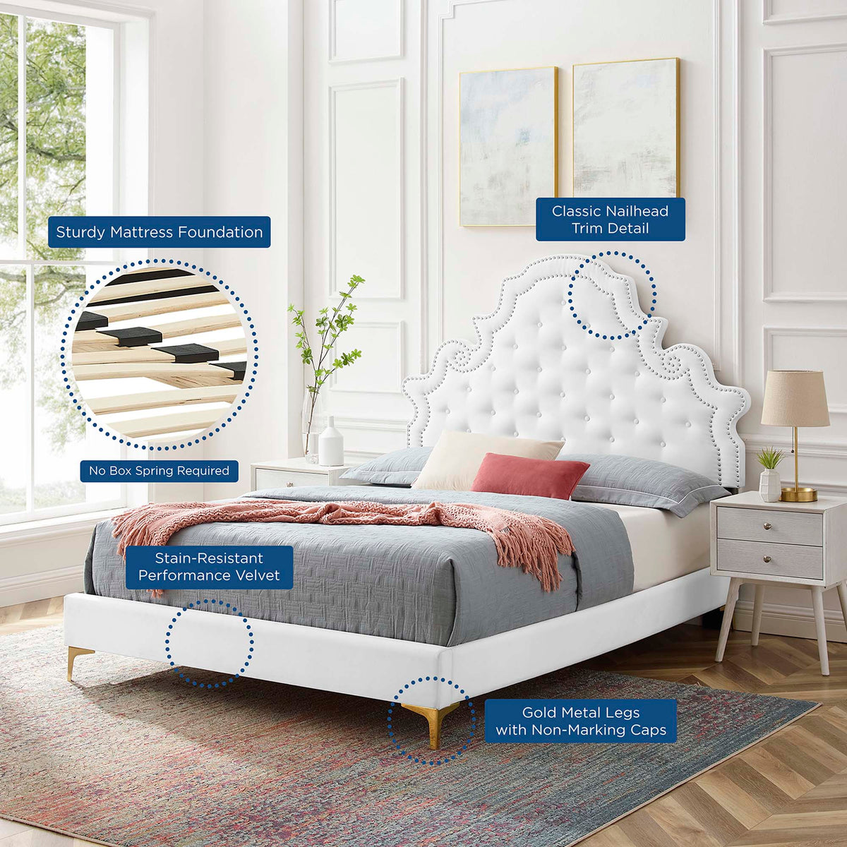 Gwyneth Tufted Performance Velvet Platform Bed With Gold Metal Legs